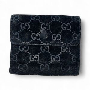 Gucci Guccisima‎ black monogram embossed suede compact wallet 035-2091-1971